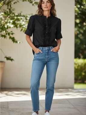 Ruffled Front Short-Sleeve Blouse in Black